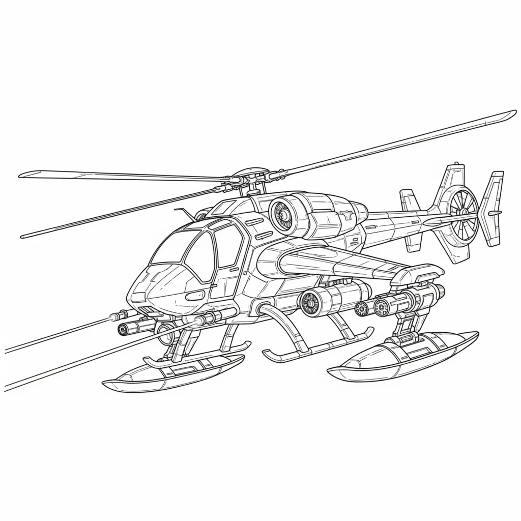 Hubschrauber Ausmalbilder (Gratis Malvorlage zum Ausdrucken) Ausmalbild eines futuristischen Sci-Fi Hubschraubers mit schwebender Form, ungewöhnlichen Rotoren und High-Tech-Design, ideal für Kinder zum Ausmalen