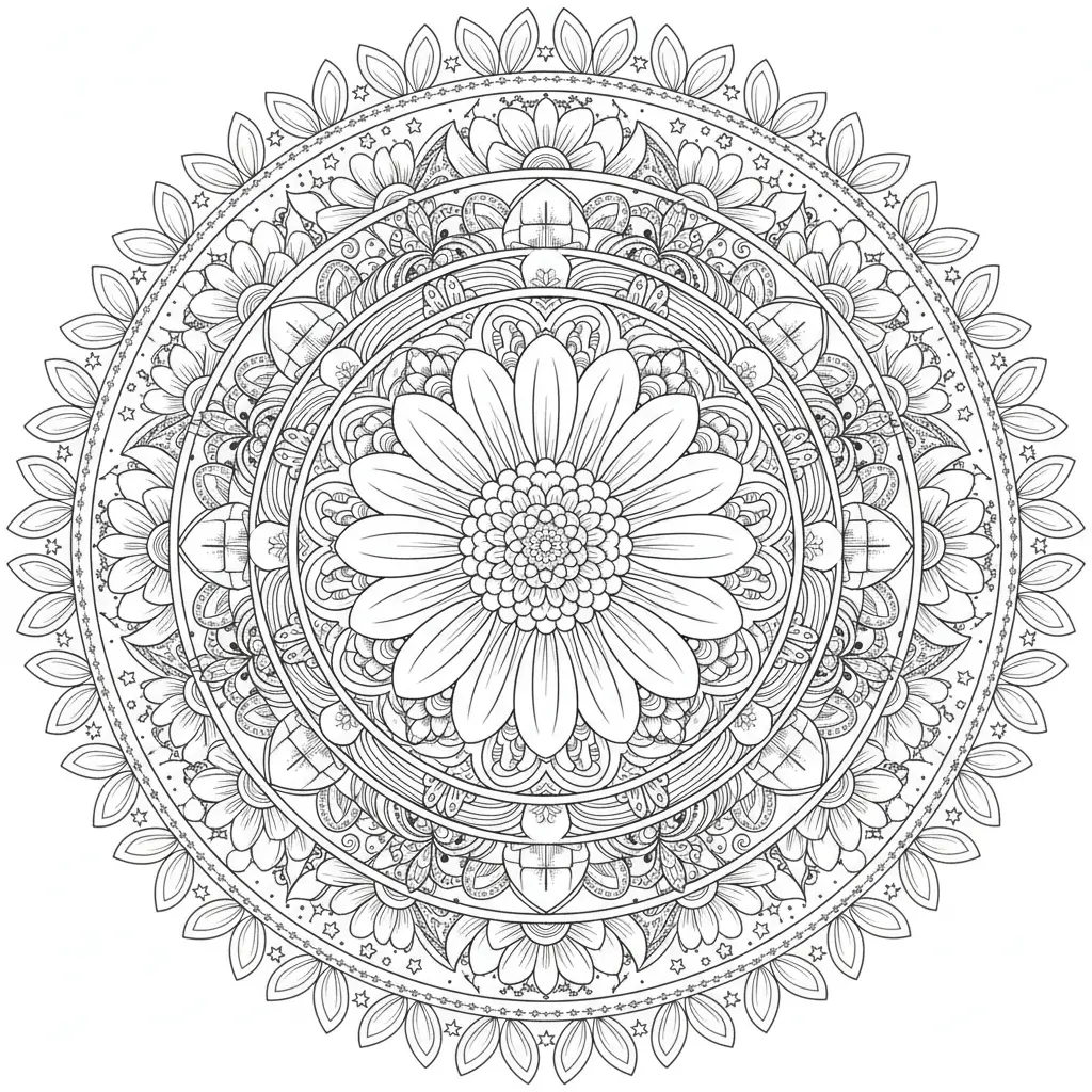 30+ Blumen Ausmalbilder (Gratis Malvorlage zum Ausdrucken) Ein kunstvolles Ausmalbild mit einem Mandala aus Gänseblümchenmustern, perfekt für Erwachsene, die beim Ausmalen Entspannung suchen