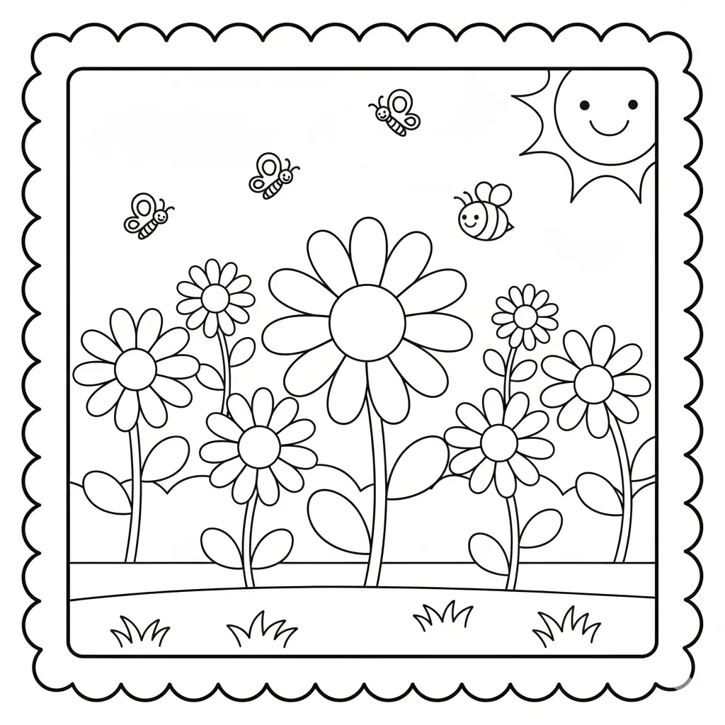 30+ Blumen Ausmalbilder (Gratis Malvorlage zum Ausdrucken) Ein fröhliches Ausmalbild mit einer Wiese voller Gänseblümchen, ideal für Vorschulkinder zum Drucken und spielerischen Ausmalen