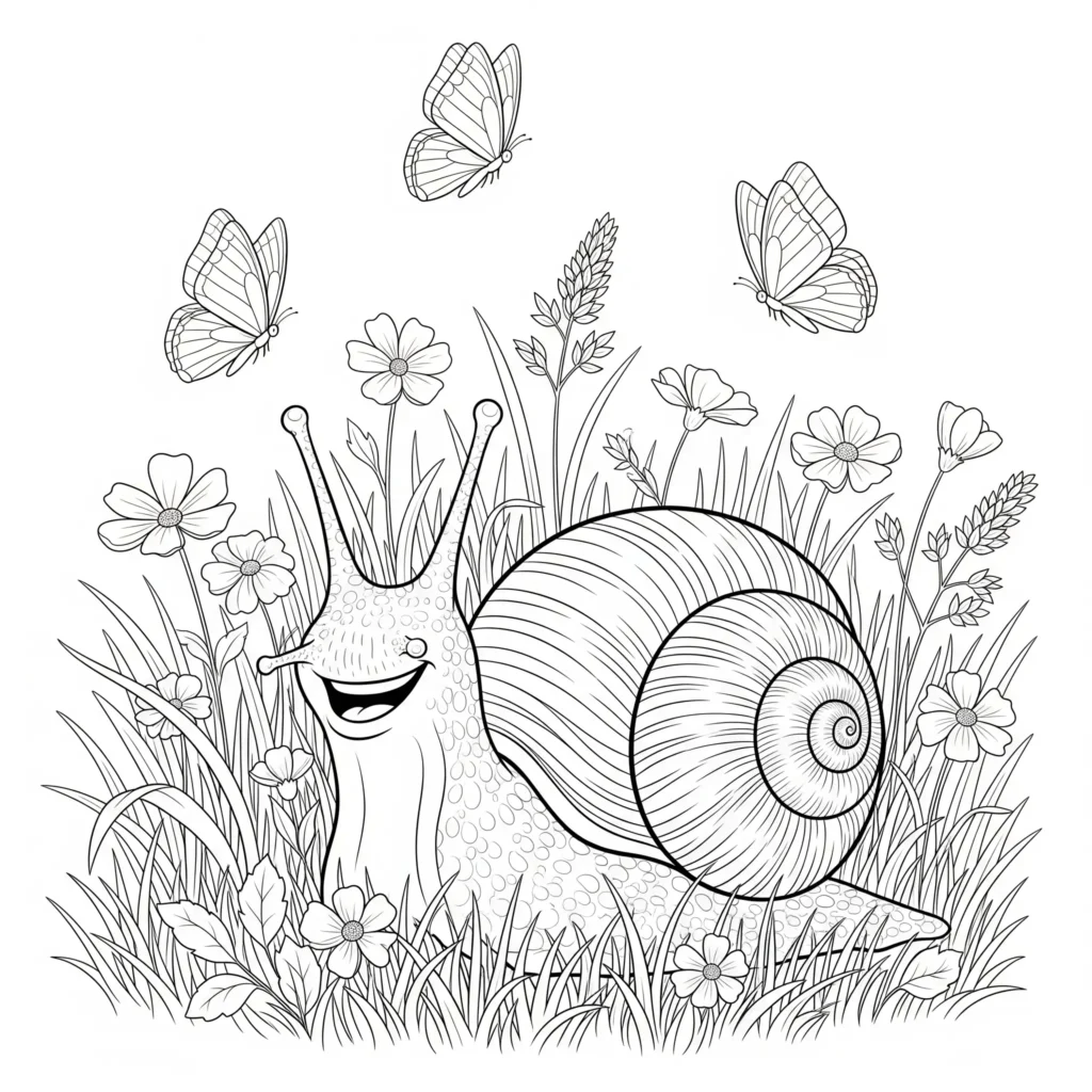 Malvorlage mit einer Schnecke, die durch einen Garten kriecht. Diese schnecke malvorlage eignet sich perfekt für Kinder zum kreativen Ausmalen.