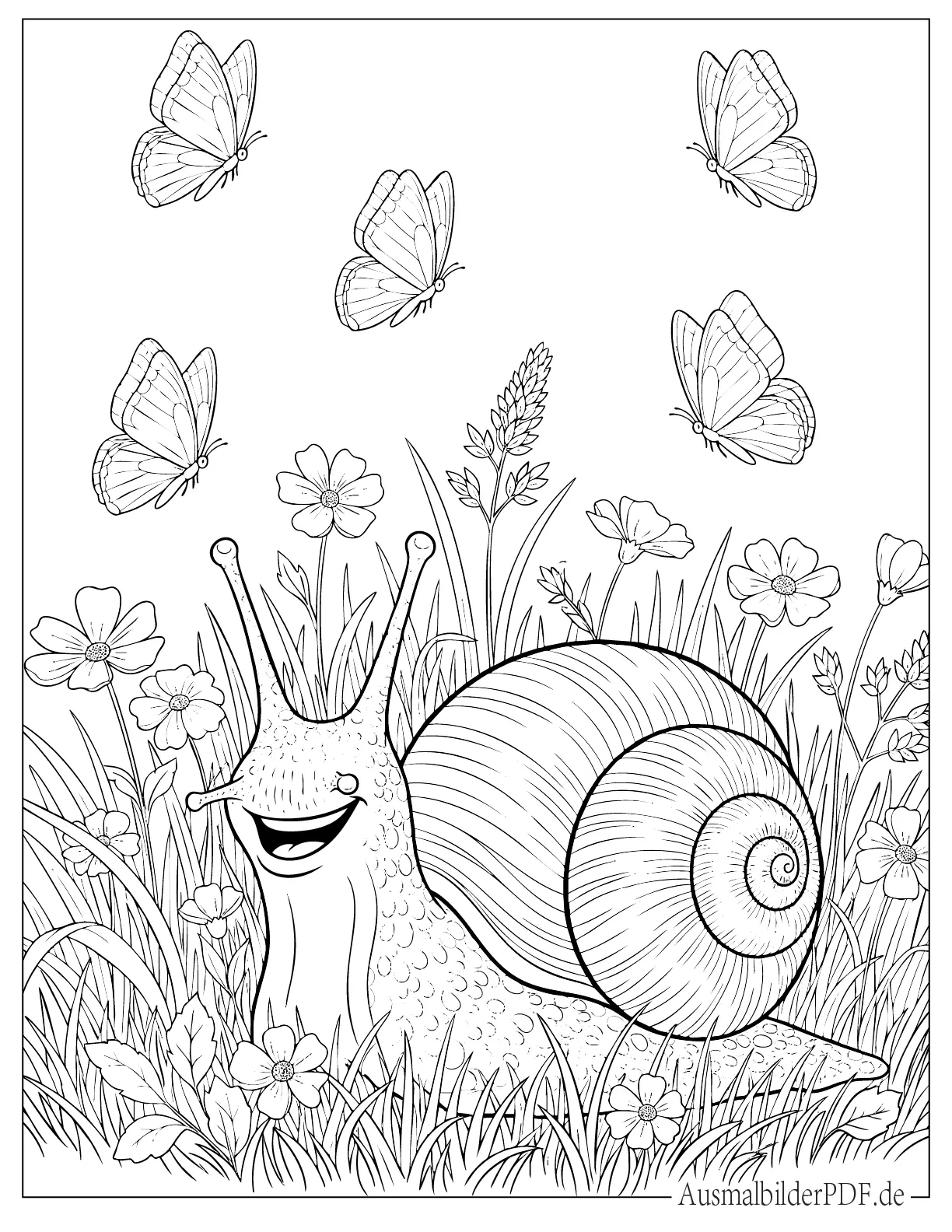 Schnecke im Garten mit fliegenden Schmetterlingen Malvorlage
