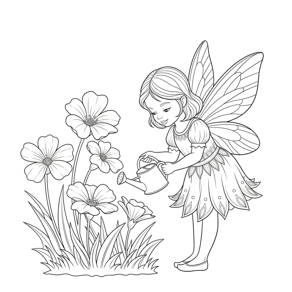 16 Feen Ausmalbilder (Kostenlos Malvorlage zum Ausdrucken) Das Fee gießt Blumen Ausmalbild zeigt eine fröhliche Gartenszene. Eine liebevolle Vorlage für Kinder, die Natur und Farben mögen.