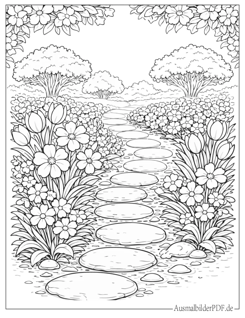 Ausmalbild eines Gartenwegs mit blühenden Pflanzen, ideal zum Ausmalen für Kinder