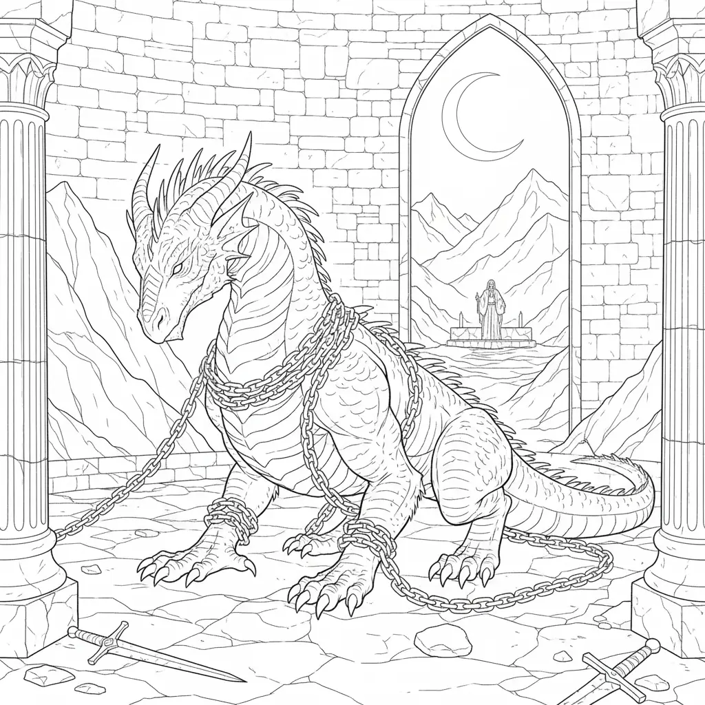 Gefesselter Drache in Ketten zum Ausmalen und Ausdrucken