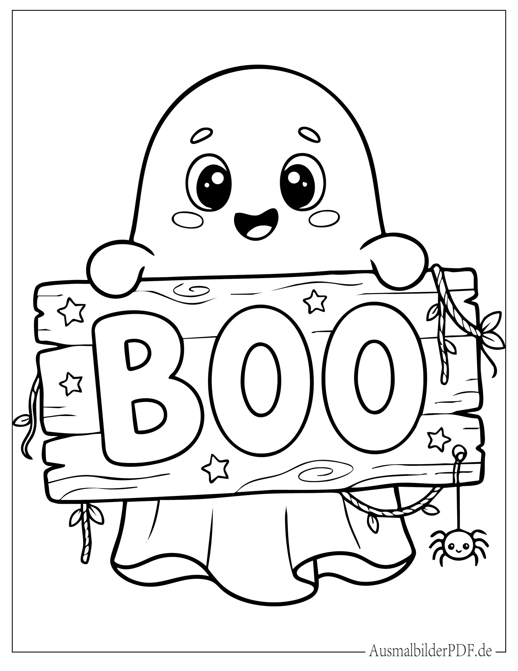 Süßer Geist hält ein BOO Schild Malvorlage für kleine Kinder