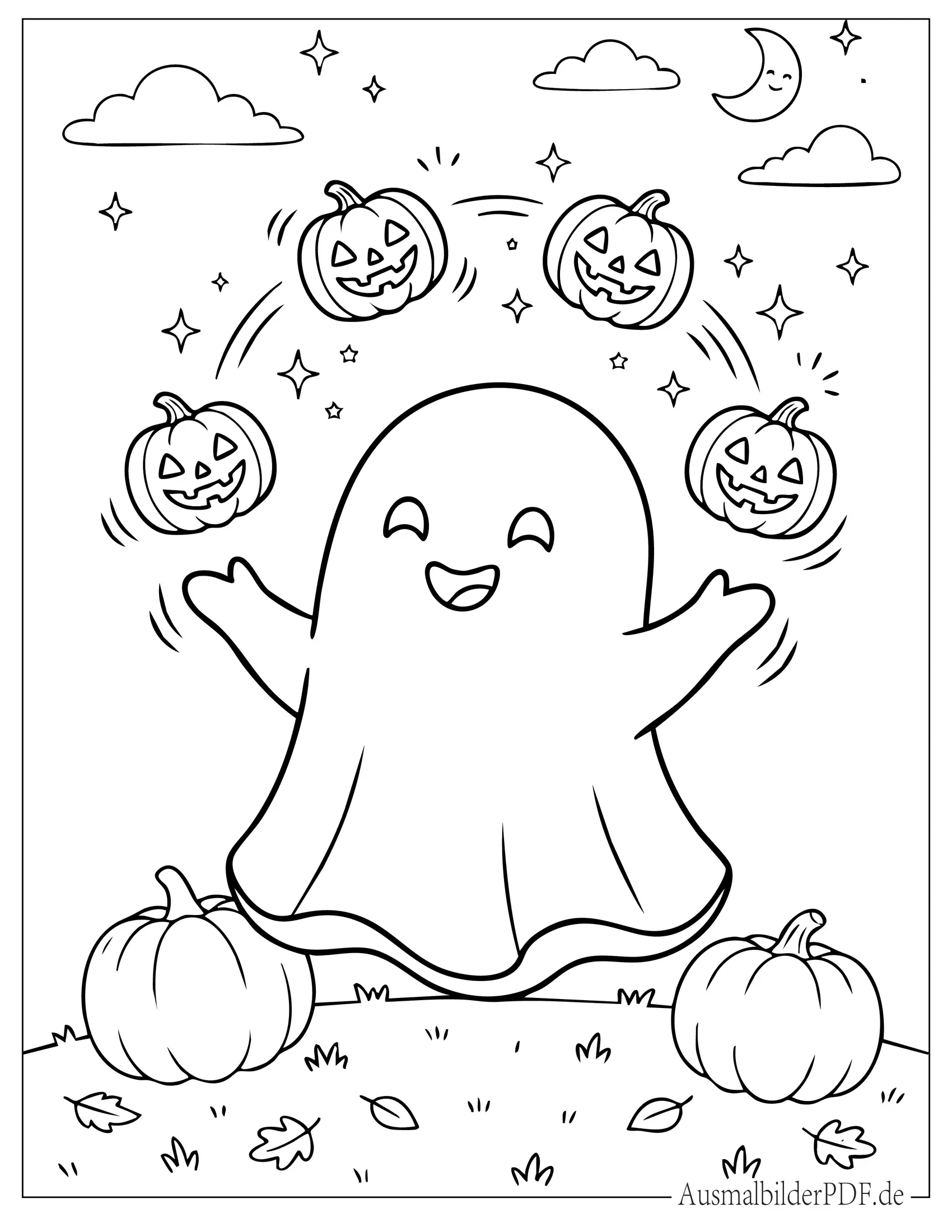 Geist jongliert Halloween Kürbislaternen Ausmalbild zum Ausdrucken