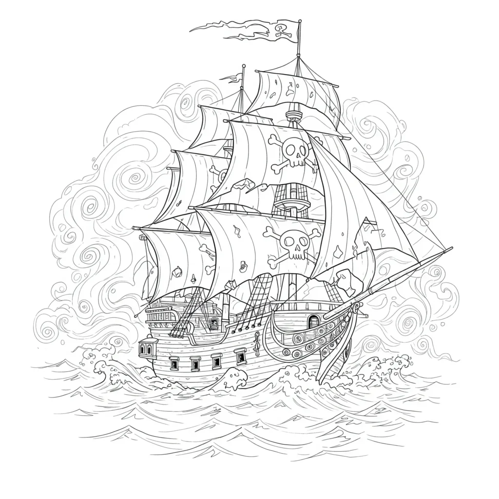 Geist Piratenschiff Ausmalbild mit zerrissenen Segeln, gespenstischem Leuchten und Nebel auf dem Meer – kostenlose Piratenschiff Ausmalbilder für Kinder als PDF