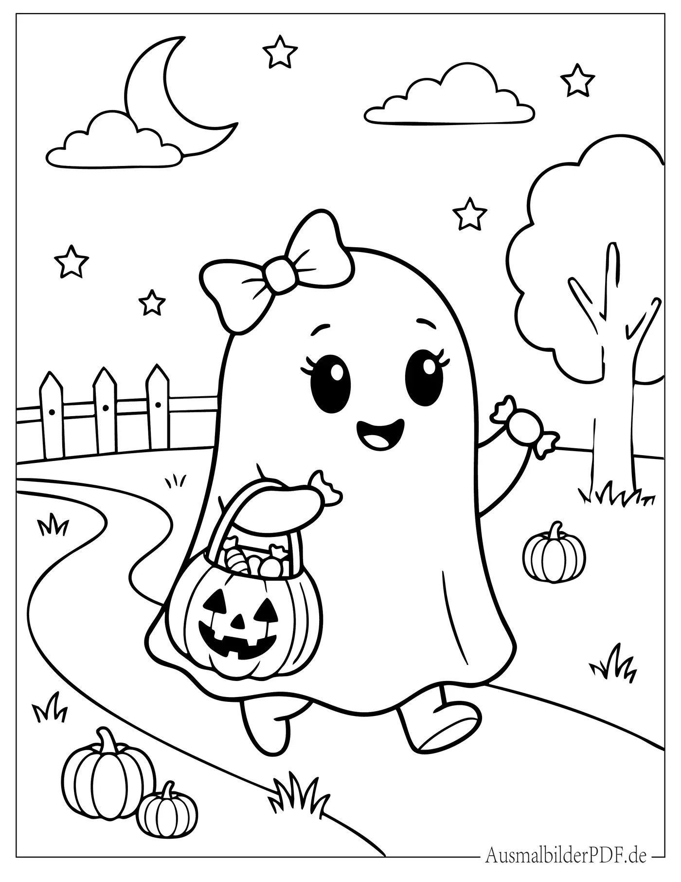 Trick or Treat Geist mit Schleife und Halloween Kürbislaternen Tasche Ausmalbild