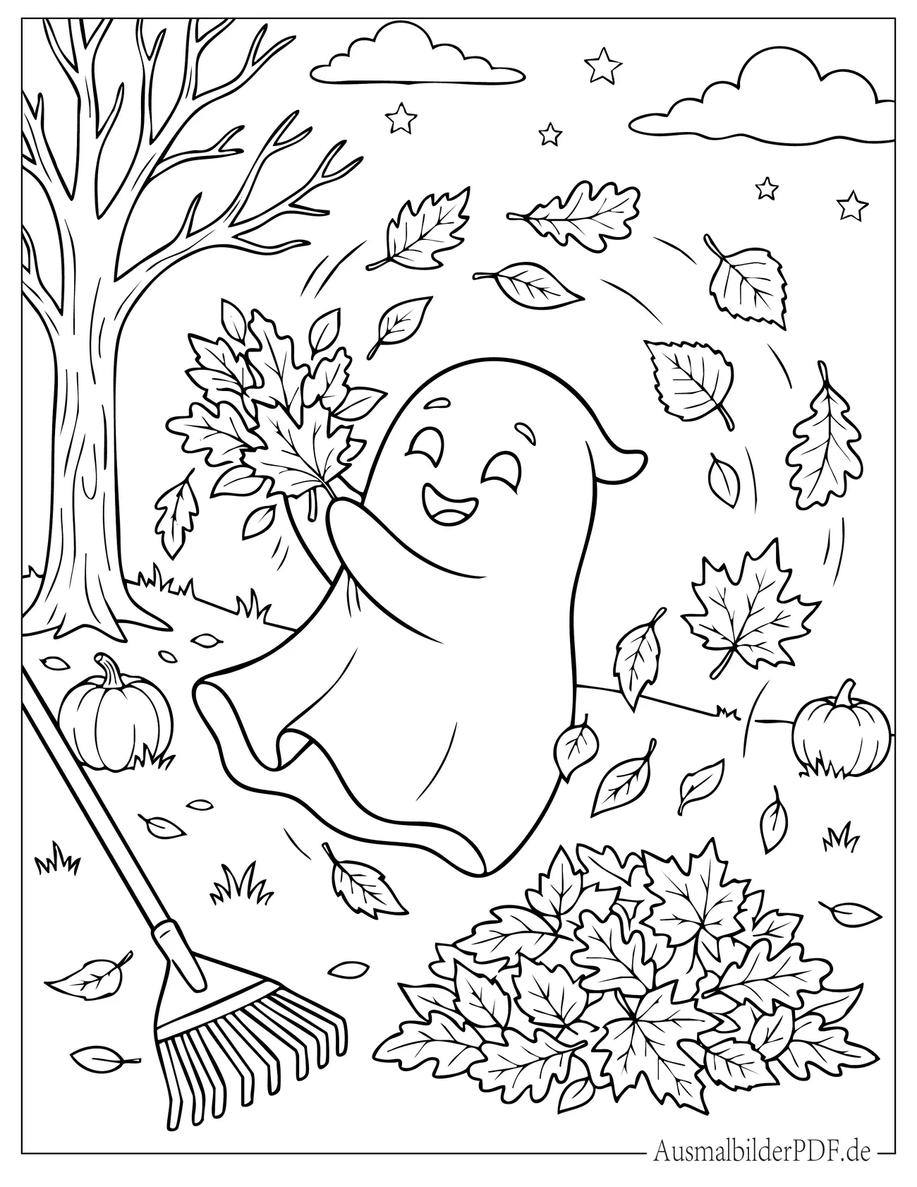 Geist spielt im Herbst mit Herbstlaub Ausmalbild für Kinder