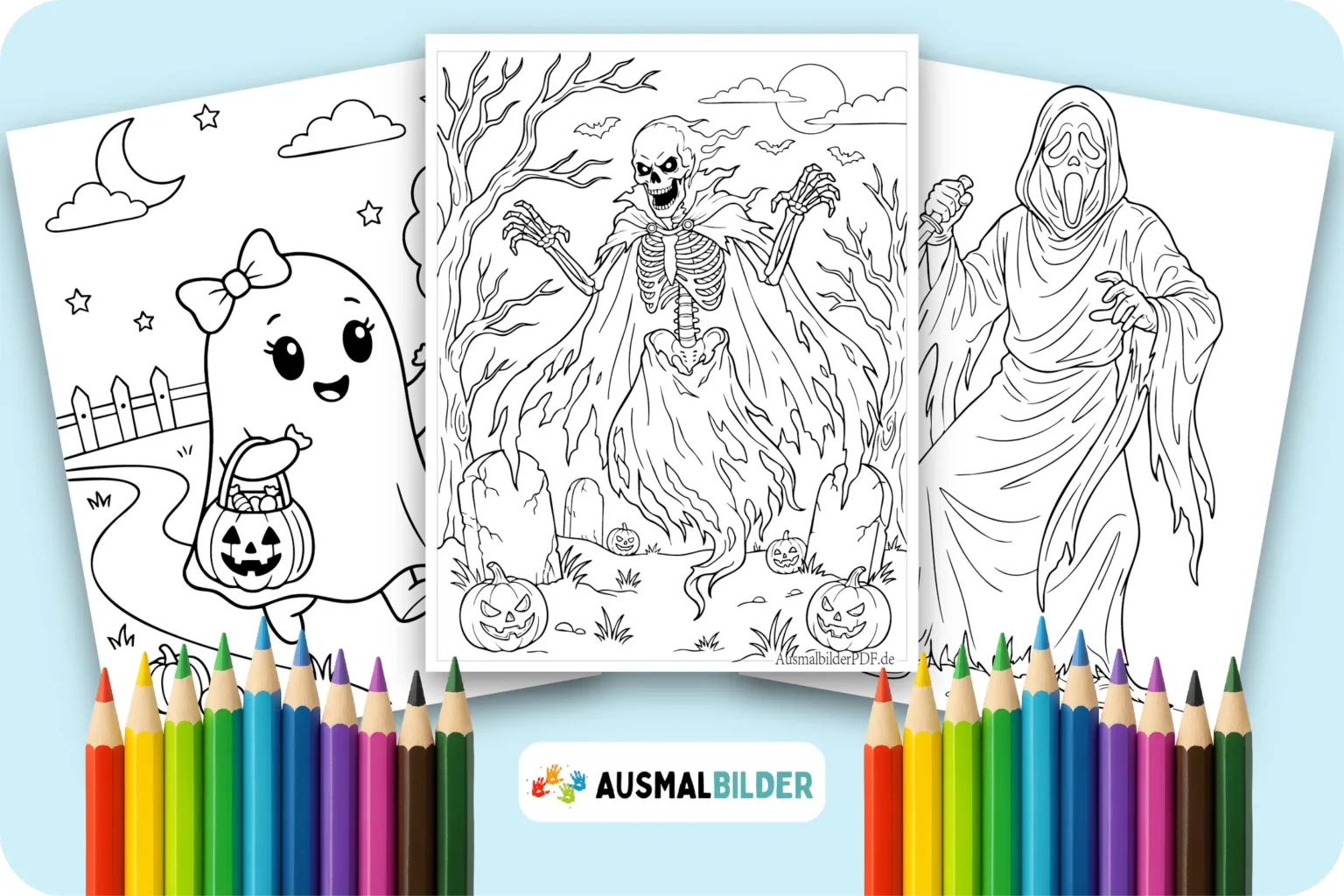 Geister Ausmalbilder zum kostenlosen Ausdrucken für kleine Halloween Fans