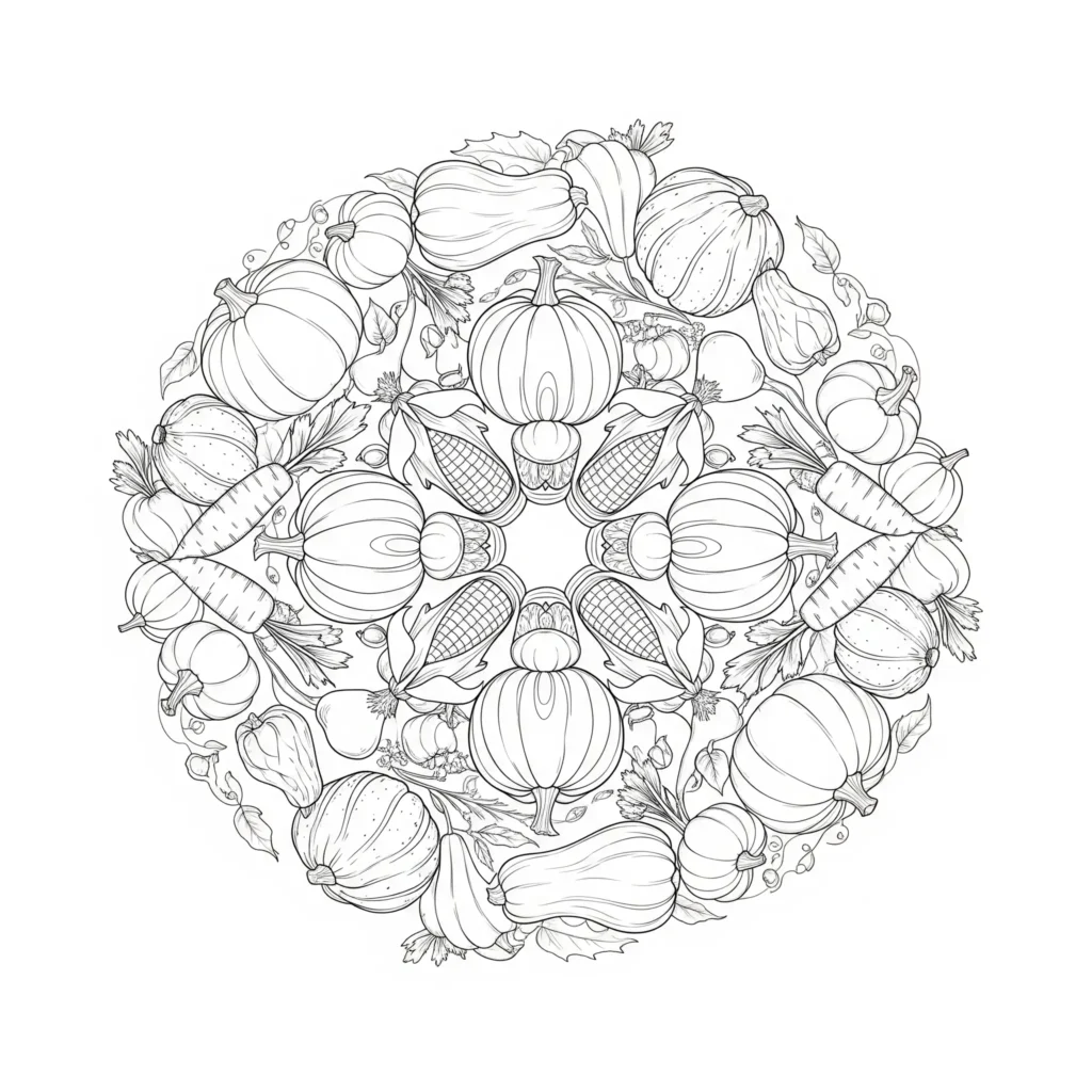 20+ Herbst Ausmalbilder (Kostenlos Malvorlage zum Ausdrucken) Ein detailliertes Mandala aus verschiedenen Herbstgemüsesorten wie Kürbissen, Karotten und Kohl. Kinder und Erwachsene können die Gemüse-Muster farbenfroh gestalten.