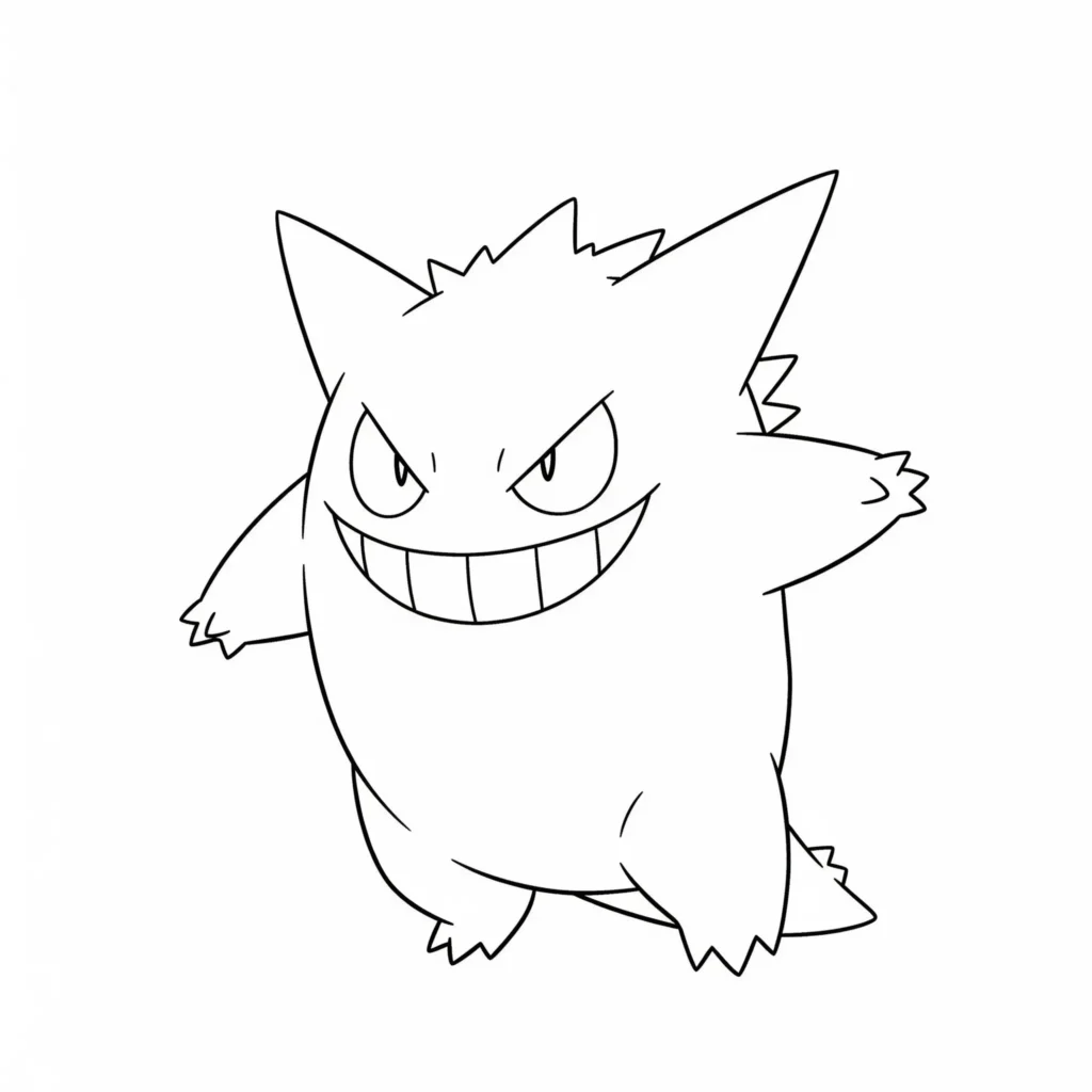 Kostenloses Gengar Ausmalbild als PDF zum Ausdrucken. Perfekte für Kinder und Erwachsene, ideal zum Ausmalen und Ausdrucken.