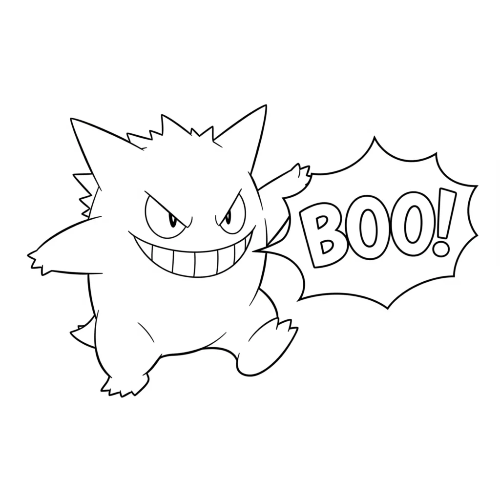 Ausmalbild von Gengar mit „BOO!“ Sprechblase kostenlos für Kinder und Erwachsene zum Ausmalen