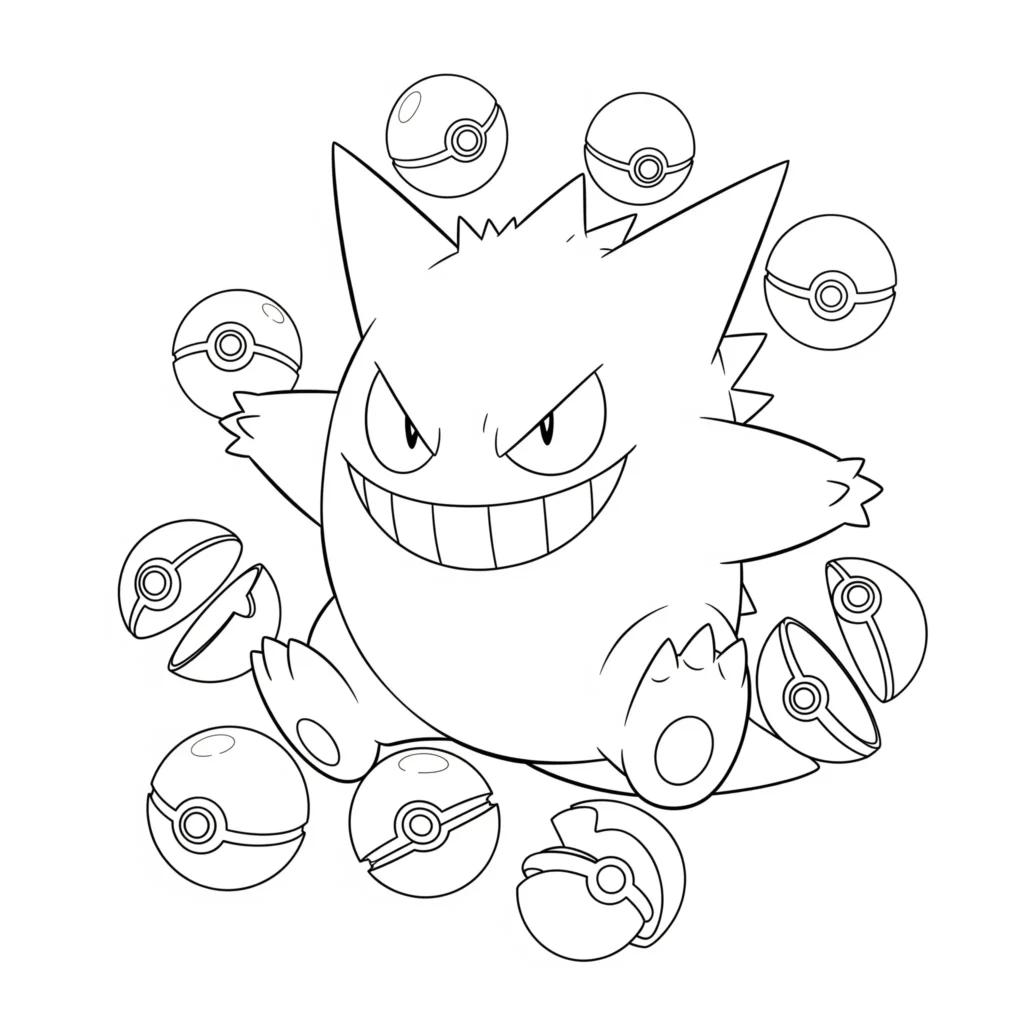 Ausmalbild von Gengar zusammen mit Pokeballs kostenlos für Kinder und Erwachsene zum Ausdrucken