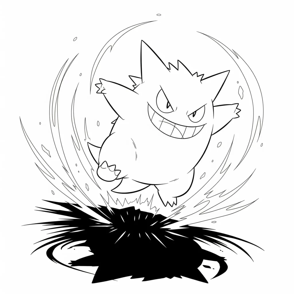 Ausmalbild von Gengar beim Sprung aus den Schatten kostenlos zum Ausdrucken für Kinder und Erwachsene