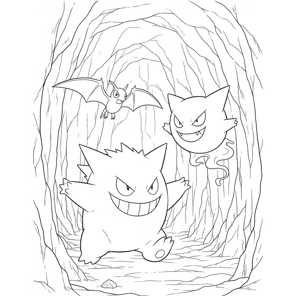 Ausmalbild von Gengar zusammen mit Zubat und Haunter kostenlos zum Ausdrucken für Kinder und Erwachsene