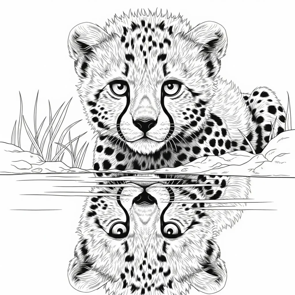 Ausmalbild eines Gepard Babys mit Wasser Spiegelung für Kinder und Erwachsene