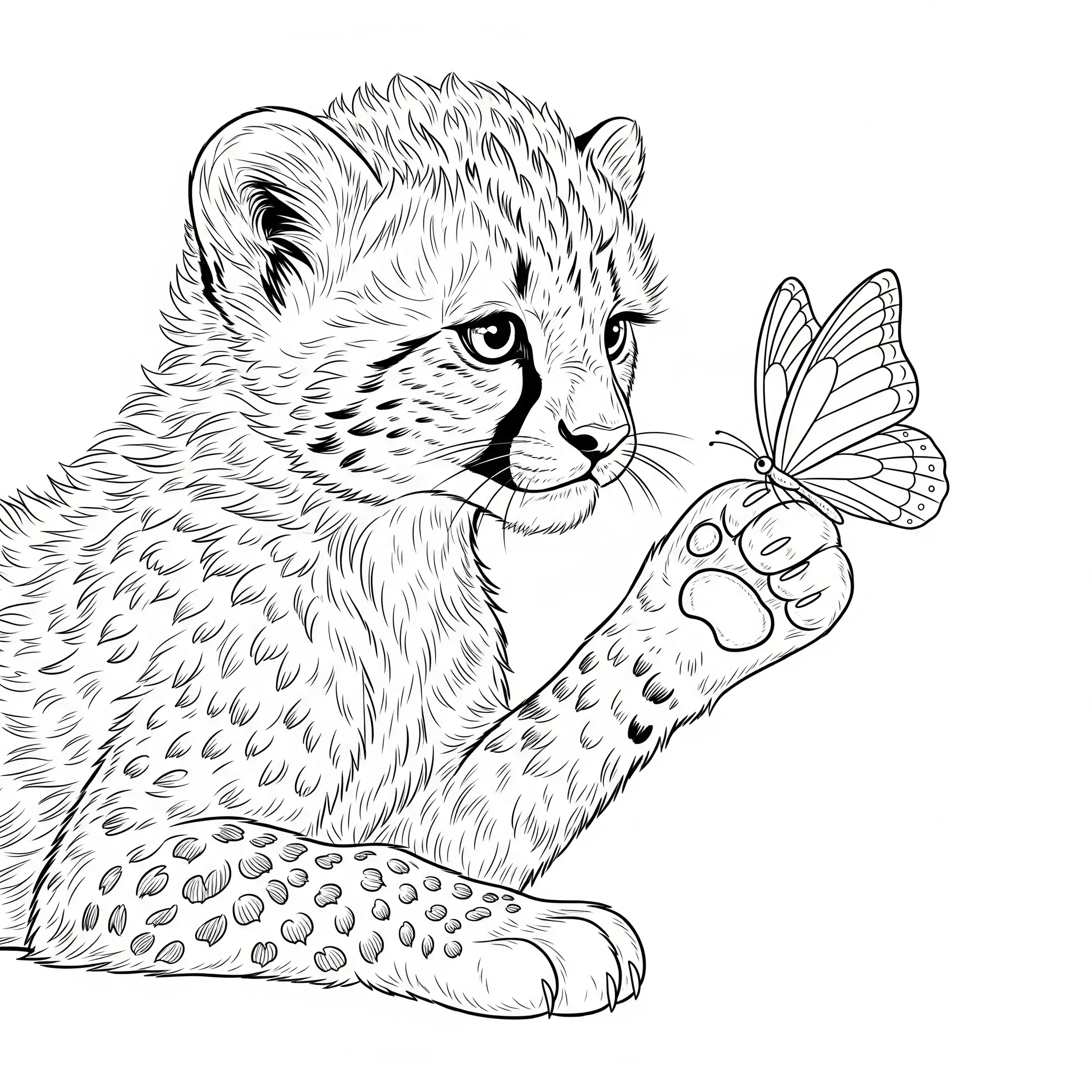 Niedliches Ausmalbild von einem Gepard Baby, das mit einem Schmetterling spielt, ideal für Kinder und Erwachsene