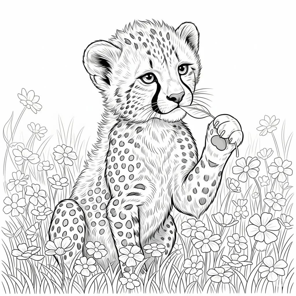 Ausmalbild von einem Gepard Baby, das mit einem Blatt spielt, ideal zum Ausdrucken für Kinder