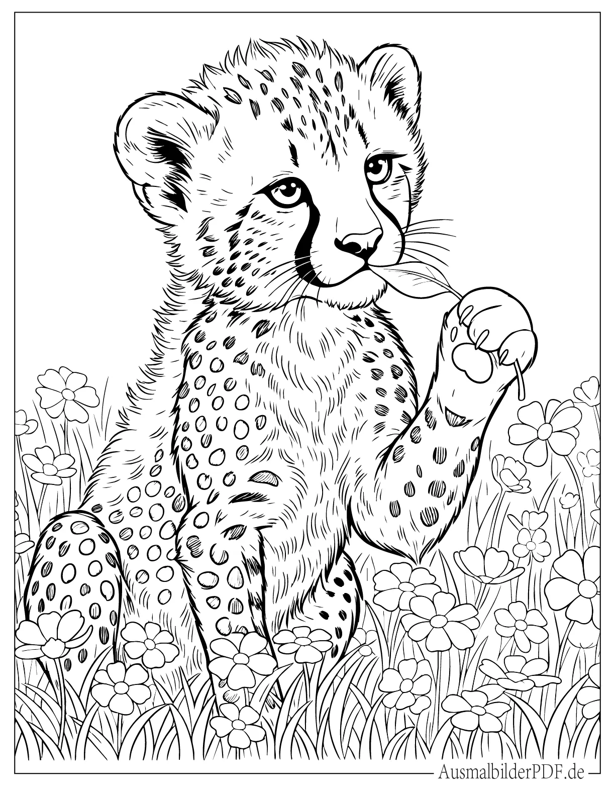 Niedliches Gepard Junges spielt mit einem Blatt Ausmalbild