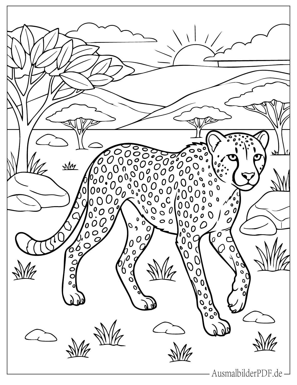 Realistischer Gepard läuft im Dschungel Ausmalvorlage