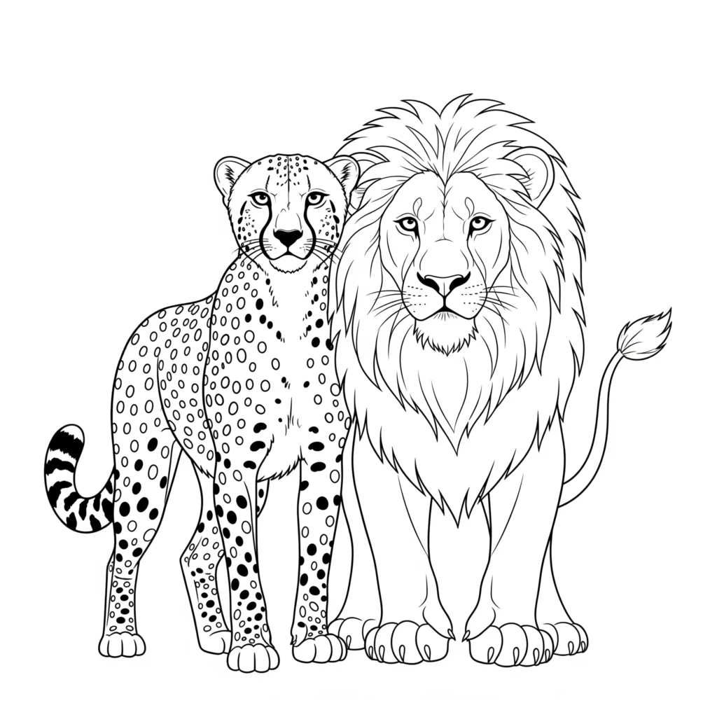 Ausmalbild von einem Gepard zusammen mit einem Löwen, ideal für Kinder und Erwachsene