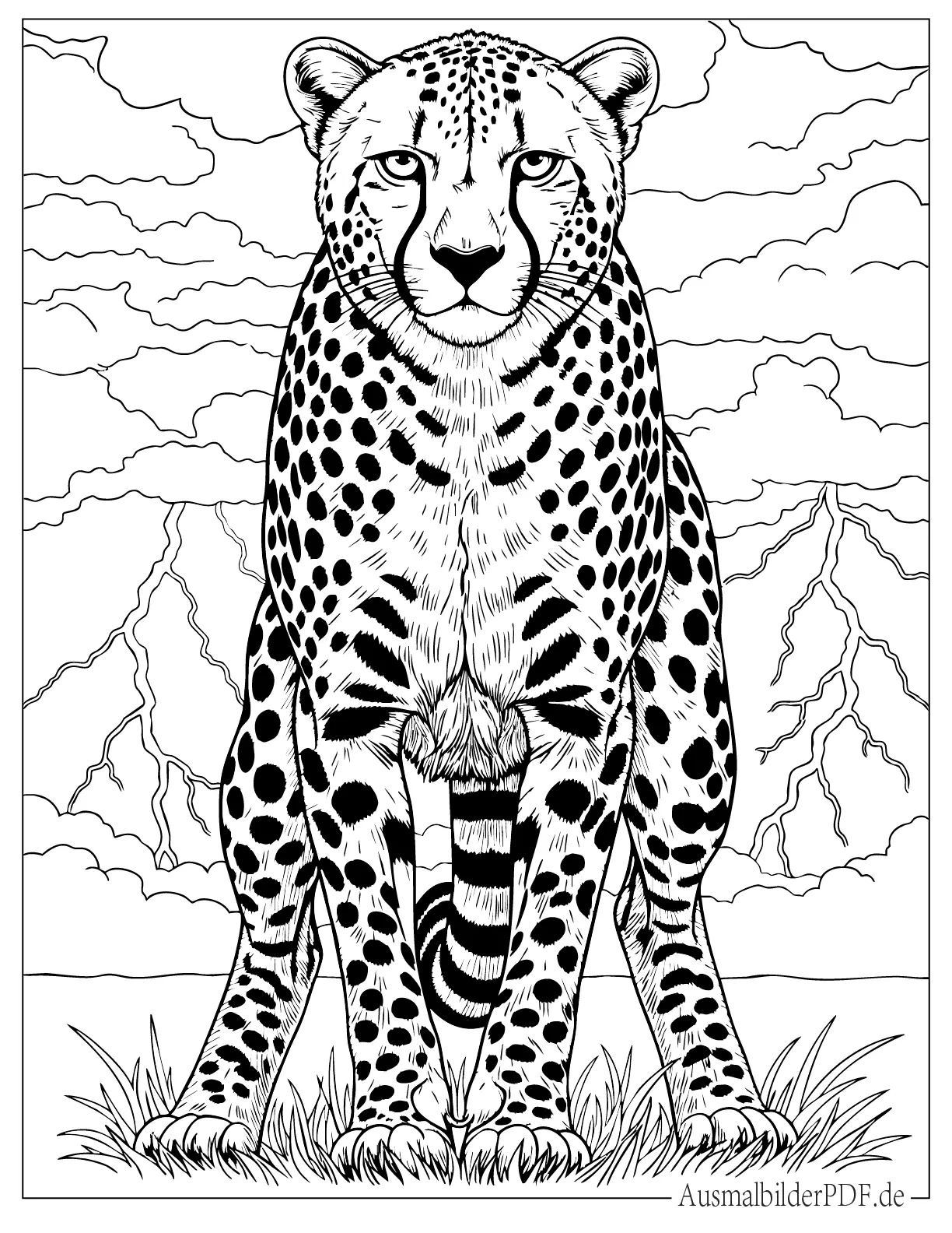 Detaillierter Gepard mit Blitz im Hintergrund Malbild für Erwachsene