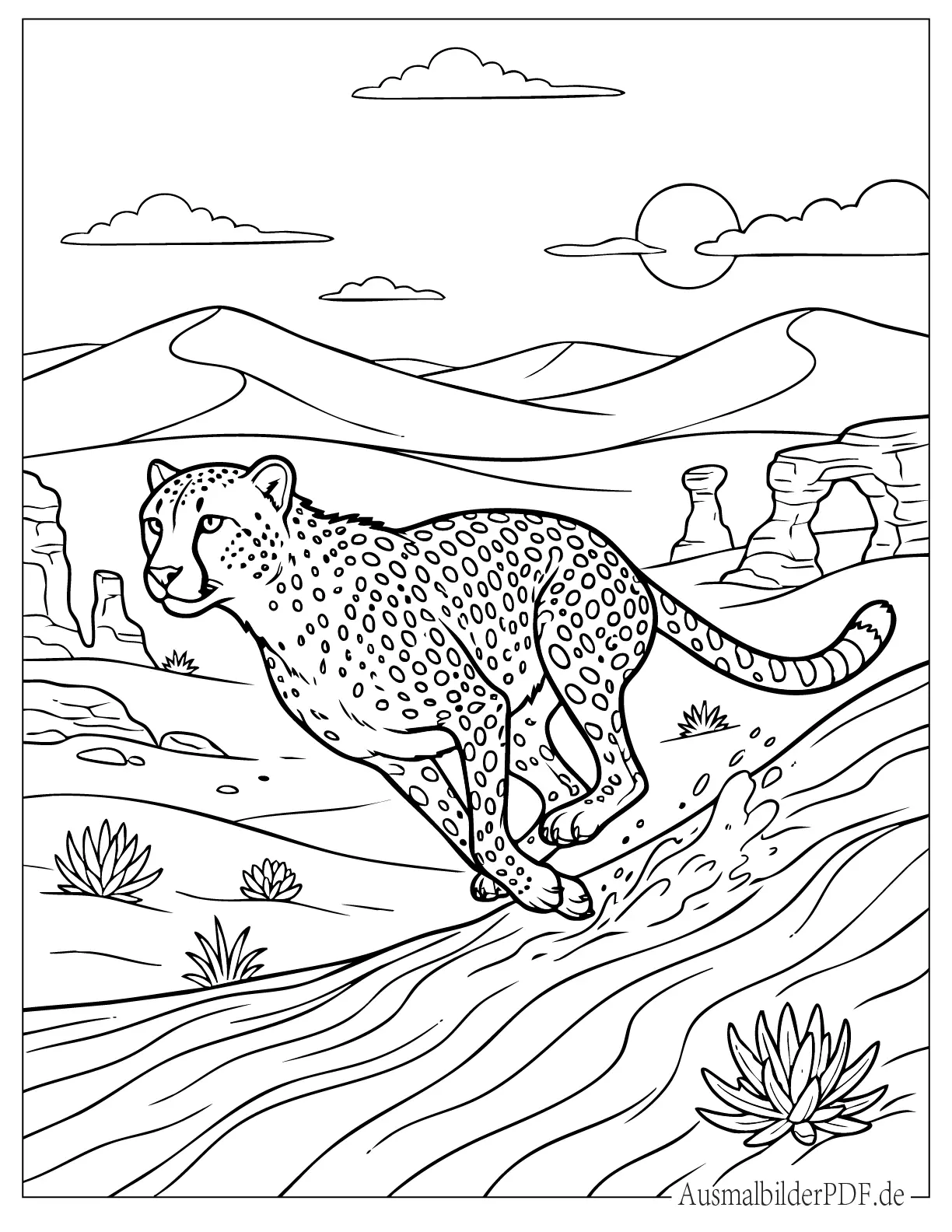 Gepard rennt mit voller Geschwindigkeit in der Wüste Malvorlage