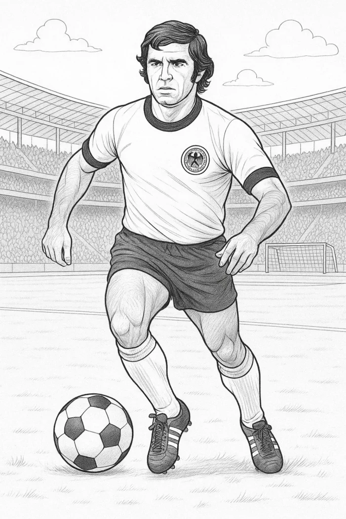 Ausmalbild Gerd Müller im Trikot der deutschen Nationalmannschaft beim Fußballspiel im Stadion, mit Ball am Fuß.