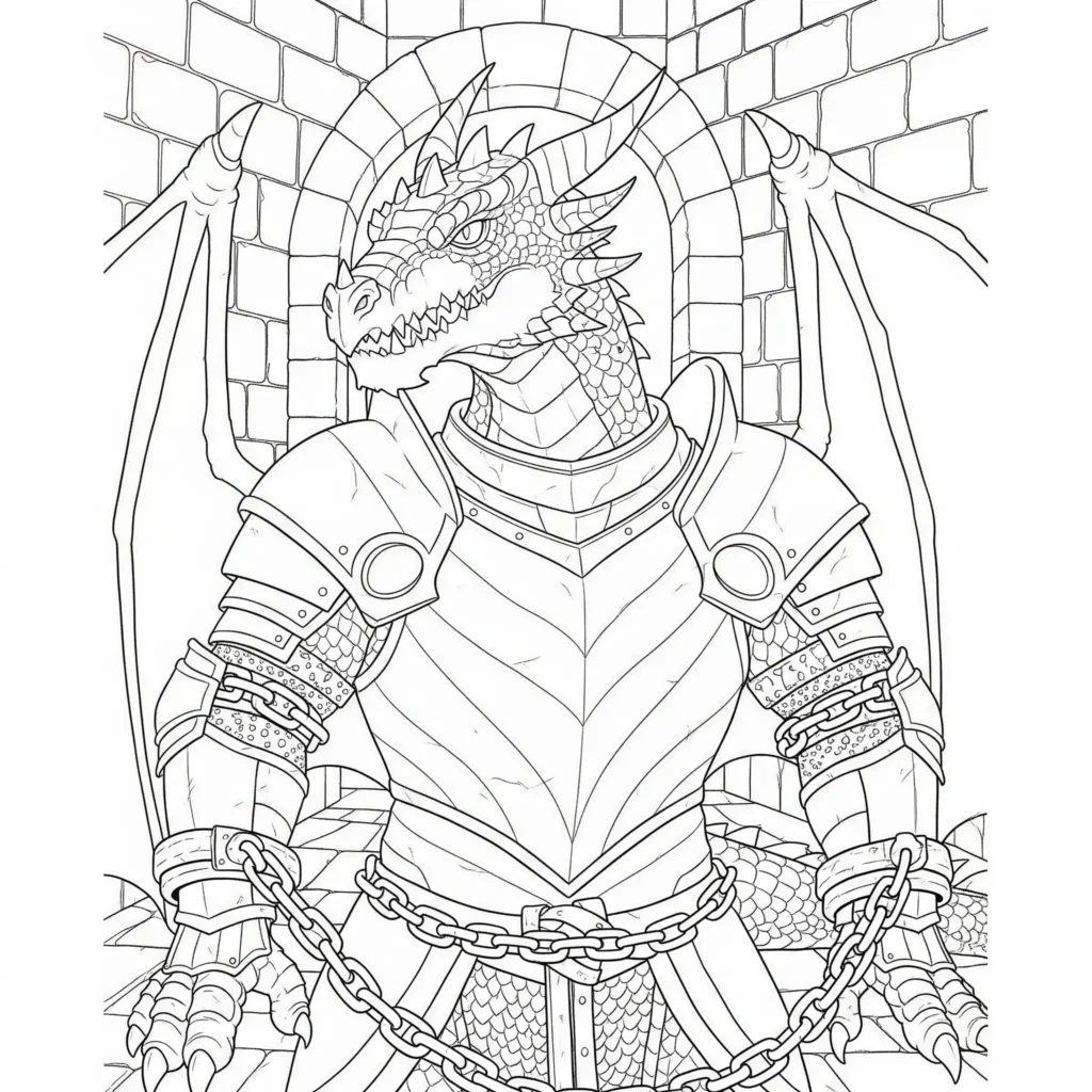 30 Drachen Ausmalbilder (Kostenlos Malvorlage zum Ausdrucken) Starker gepanzerter Drache steht im Schloss zum Ausmalen und Ausdrucken