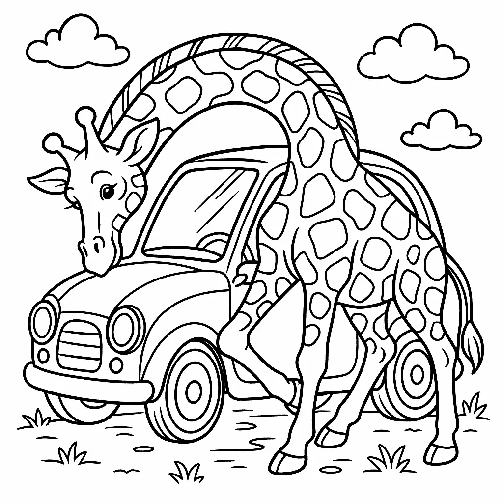 Lustiges Giraffe Ausmalbild – Giraffe versucht, in ein kleines Auto zu passen