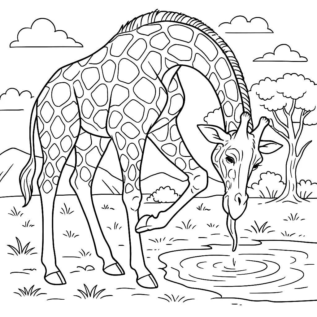 Ausmalbild einer Giraffe, die sich mit dem Kopf am Bein kratzt – jetzt kostenlos drucken