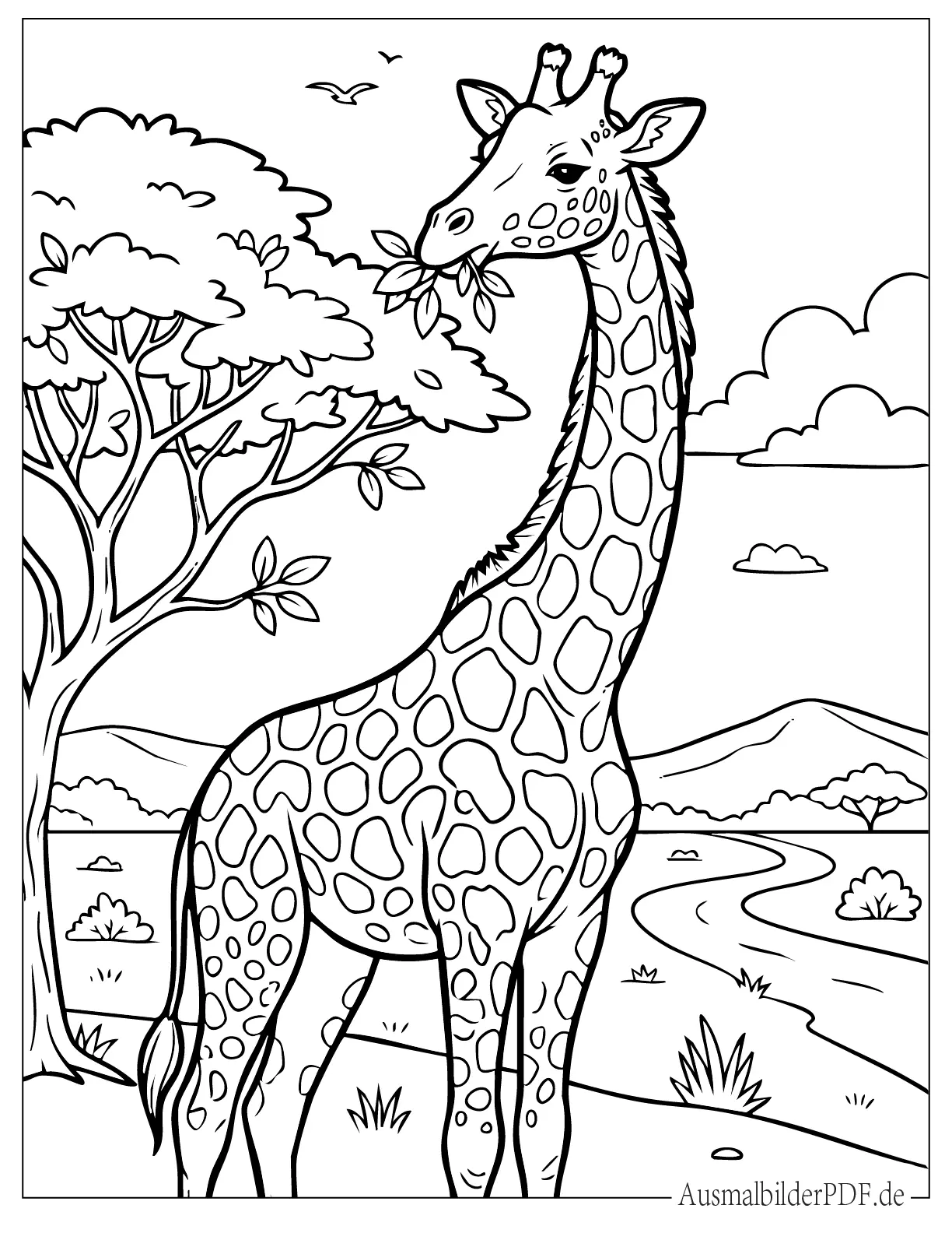 Realistische Giraffe frisst Blätter von einem hohen Baum zum Ausmalen