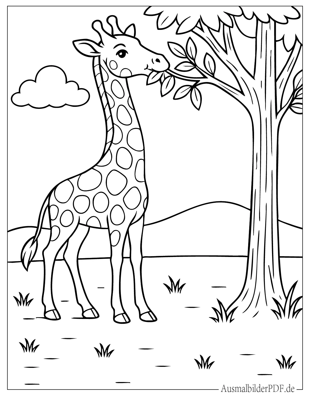 Giraffe frisst Blätter vom Baum Malbild für Kinder