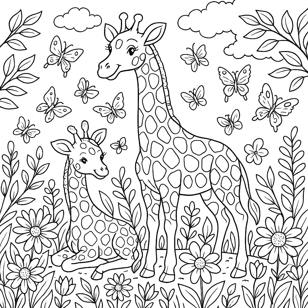 Giraffe im Frühling – Ausmalbild mit Blumen, Blättern und Schmetterlingen zum Ausdrucken
