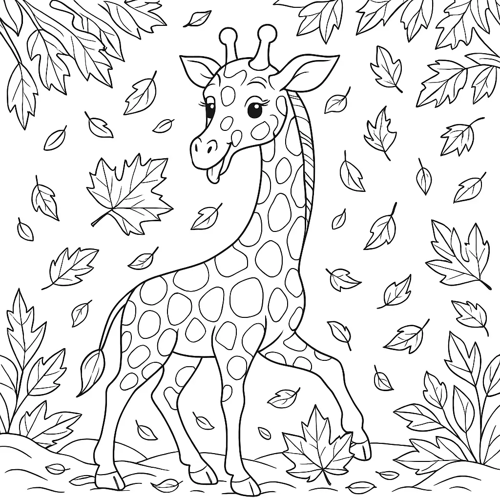Herbstliches Ausmalbild – Giraffe spielt mit fallenden Blättern im Herbst