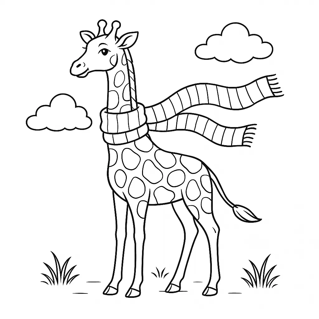 Giraffe Malvorlage – Giraffe mit langem Schal im Wind zum Ausmalen