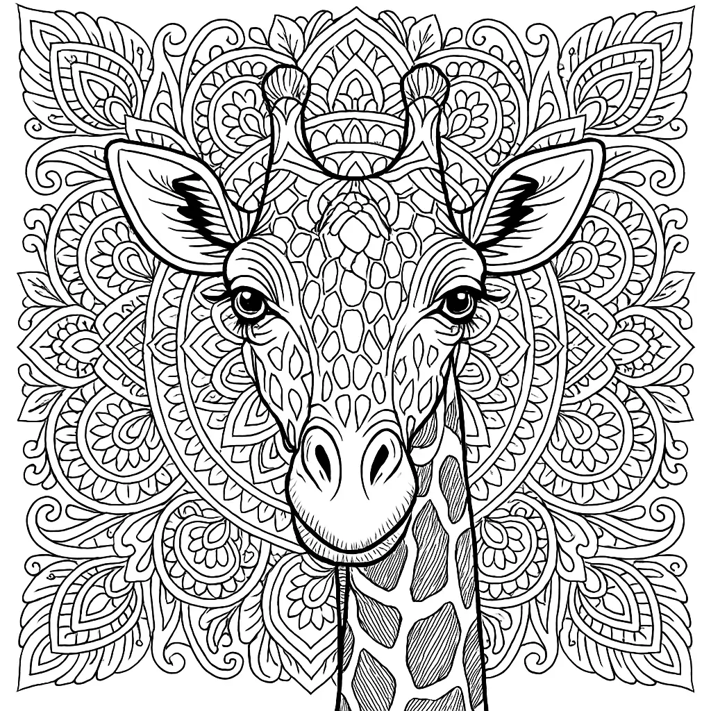 Mandala Ausmalbild mit Giraffe – kunstvolle Linienzeichnung zum Ausmalen für Kinder und Erwachsene