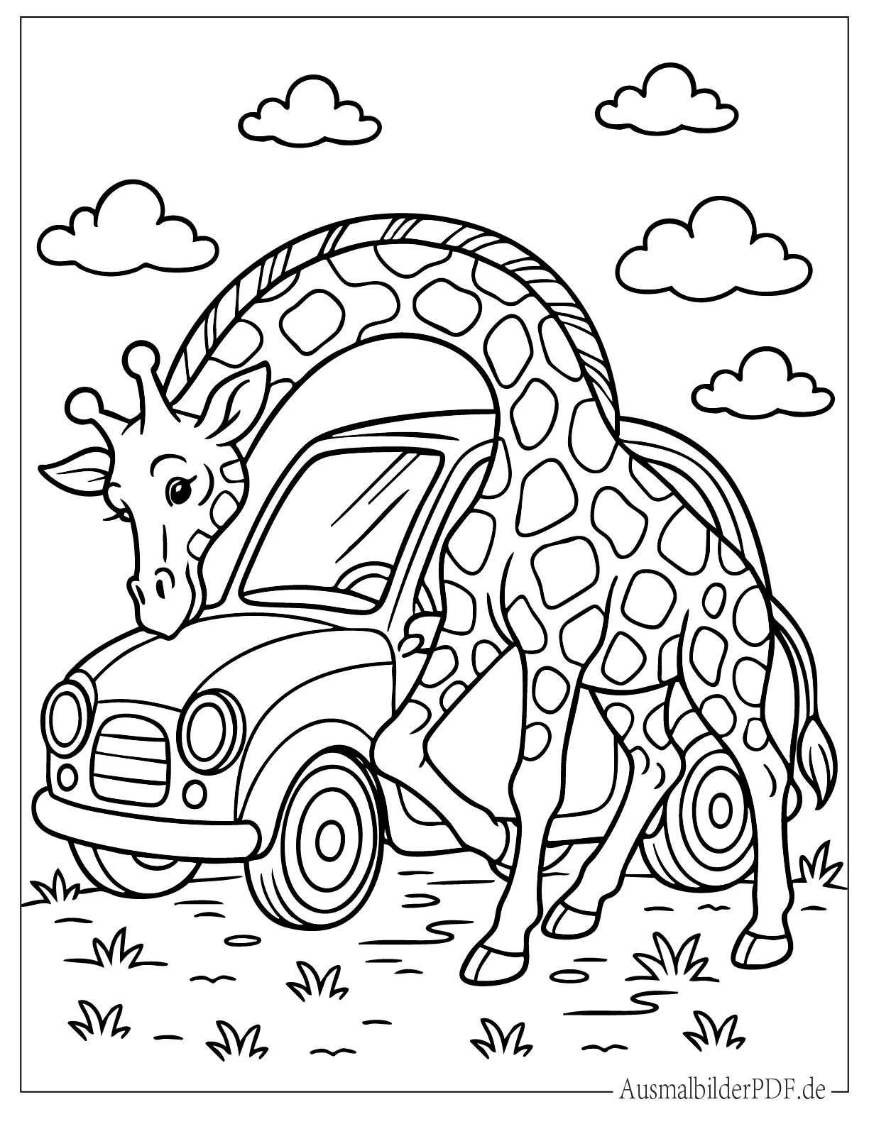Giraffe versucht in ein kleines Auto zu passen Ausdruckbare Ausmalbild