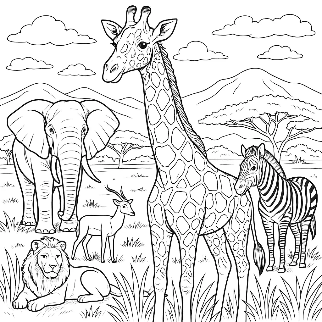 Ausmalbild mit Giraffe, Elefant, Zebra, Löwe und Antilope in der afrikanischen Savanne
