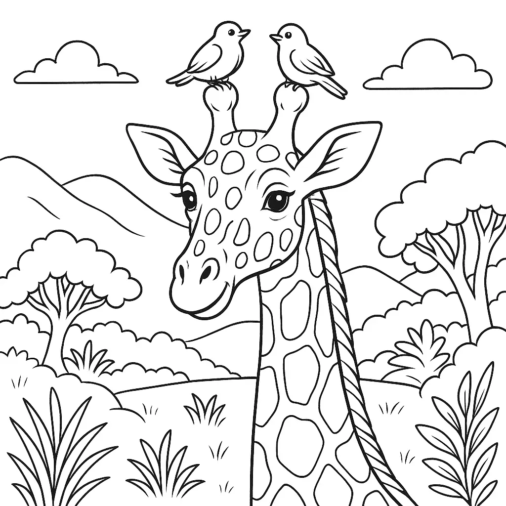 Lustiges Giraffe Ausmalbild – zwei kleine Vögel sitzen auf dem Kopf der Giraffe in einer Savannenlandschaft