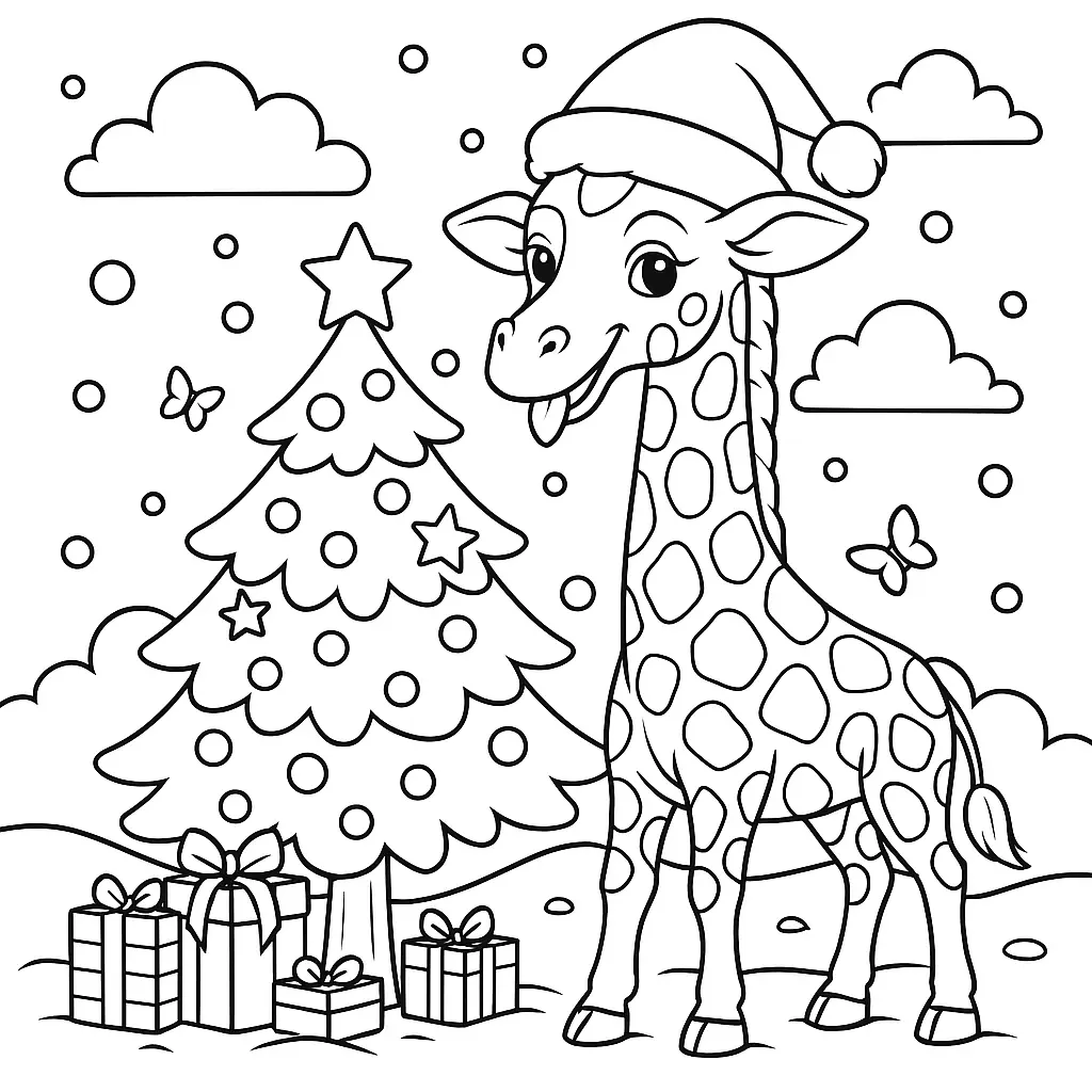 Weihnachtliches Giraffe Ausmalbild – Giraffe mit Weihnachtsmütze neben dekoriertem Tannenbaum