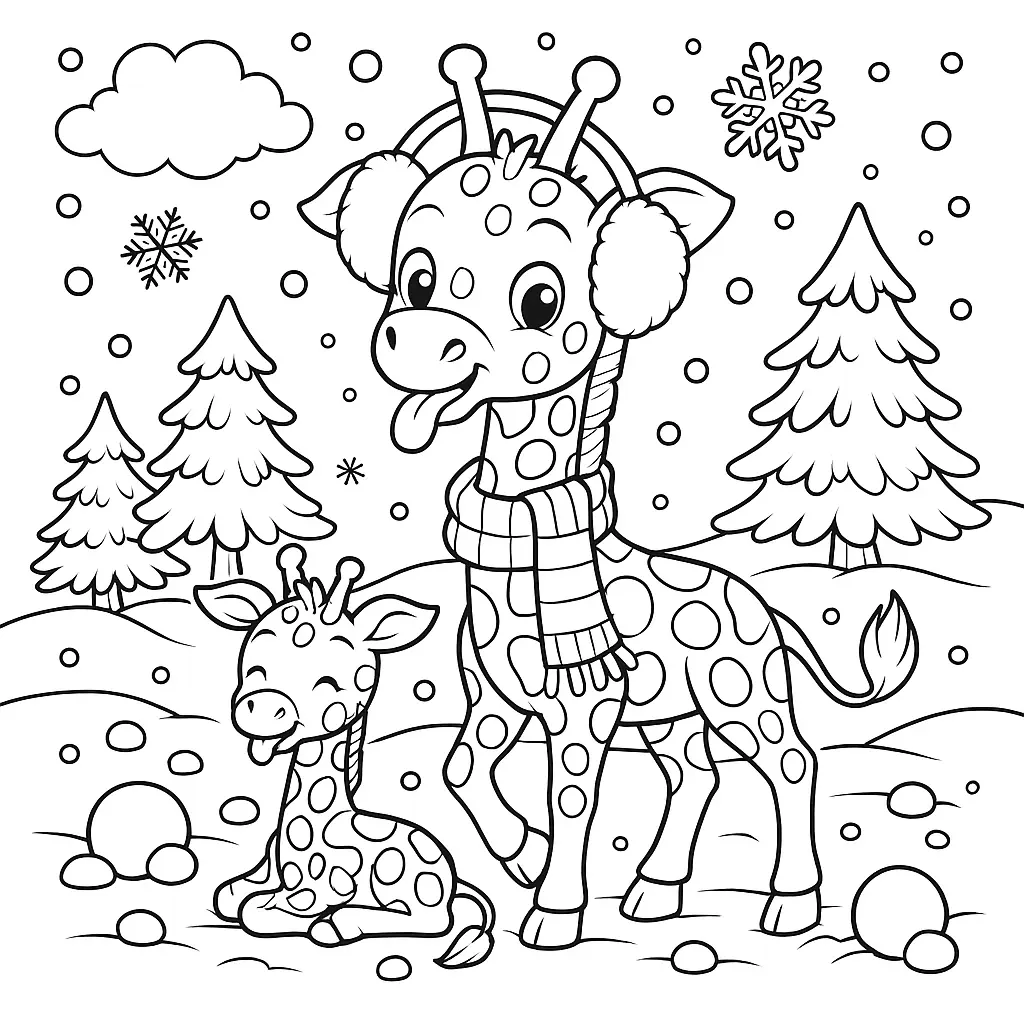 Winter Ausmalbild mit Giraffe – mit Schal und Ohrenschützern spielend im Schnee