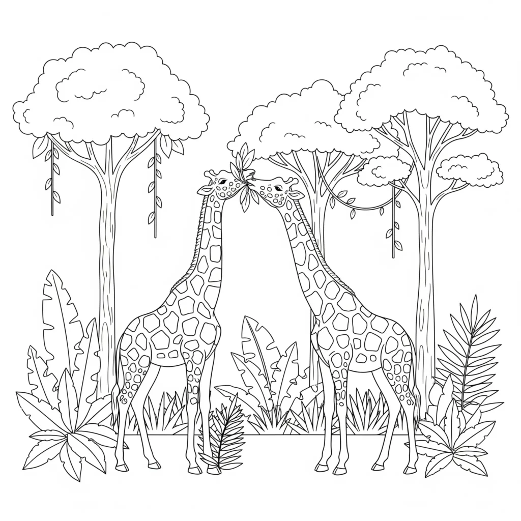 20 Dschungel Ausmalbilder (Gratis Malvorlage zum Ausdrucken) Malvorlage mit zwei Giraffen, die Blätter von hohen Dschungelbäumen fressen, zum kostenlosen Ausdrucken für Kinder und Erwachsene