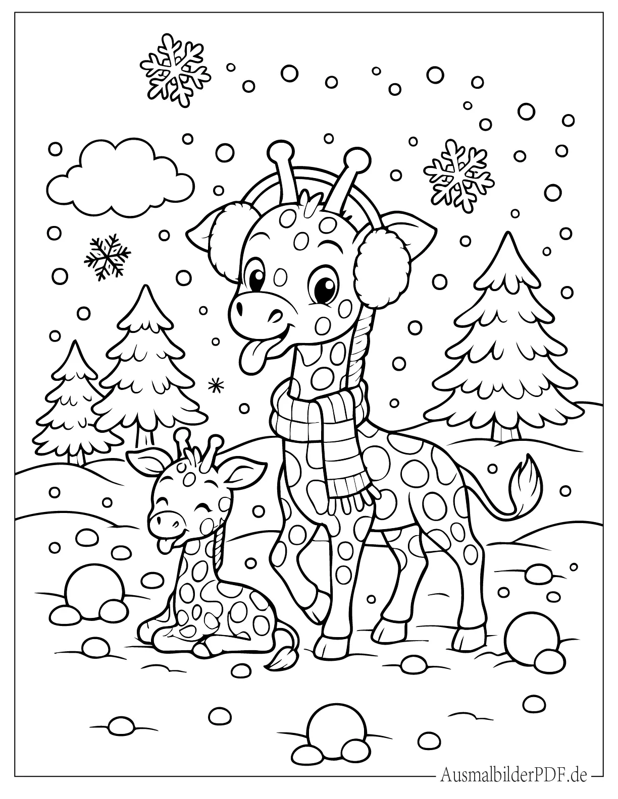 Zwei niedliche kleine Giraffen im Winter mit Schal Ausdruckbare Ausmalbild