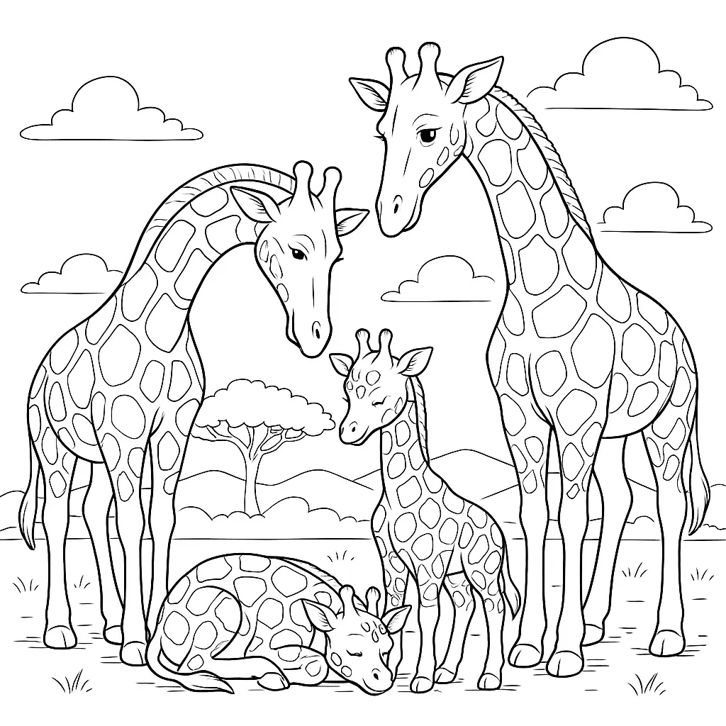 Giraffe Ausmalbild – Mama und Papa Giraffe wachen über ihr schlafendes Baby in der Savanne