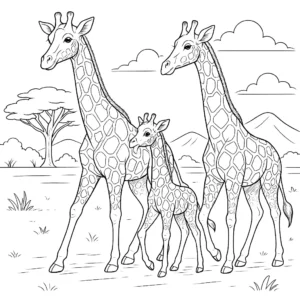 Mama, Papa und Baby Giraffe laufen zusammen – wunderschöne Ausmalvorlage als PDF zum Ausdrucken