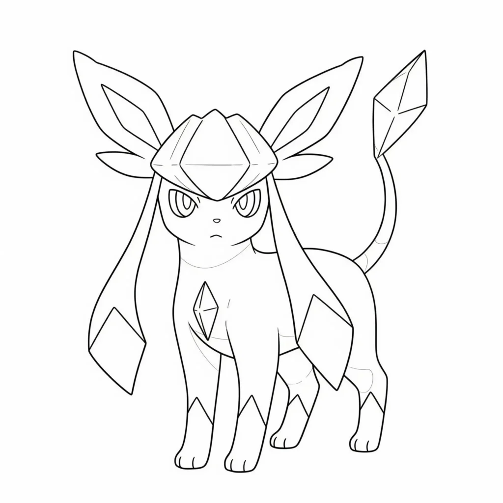 glaceon evoli ausmalbild zeigt das eis-pokemon in einer verschneiten landschaft als winterliche malvorlage zum ausdrucken für kinder