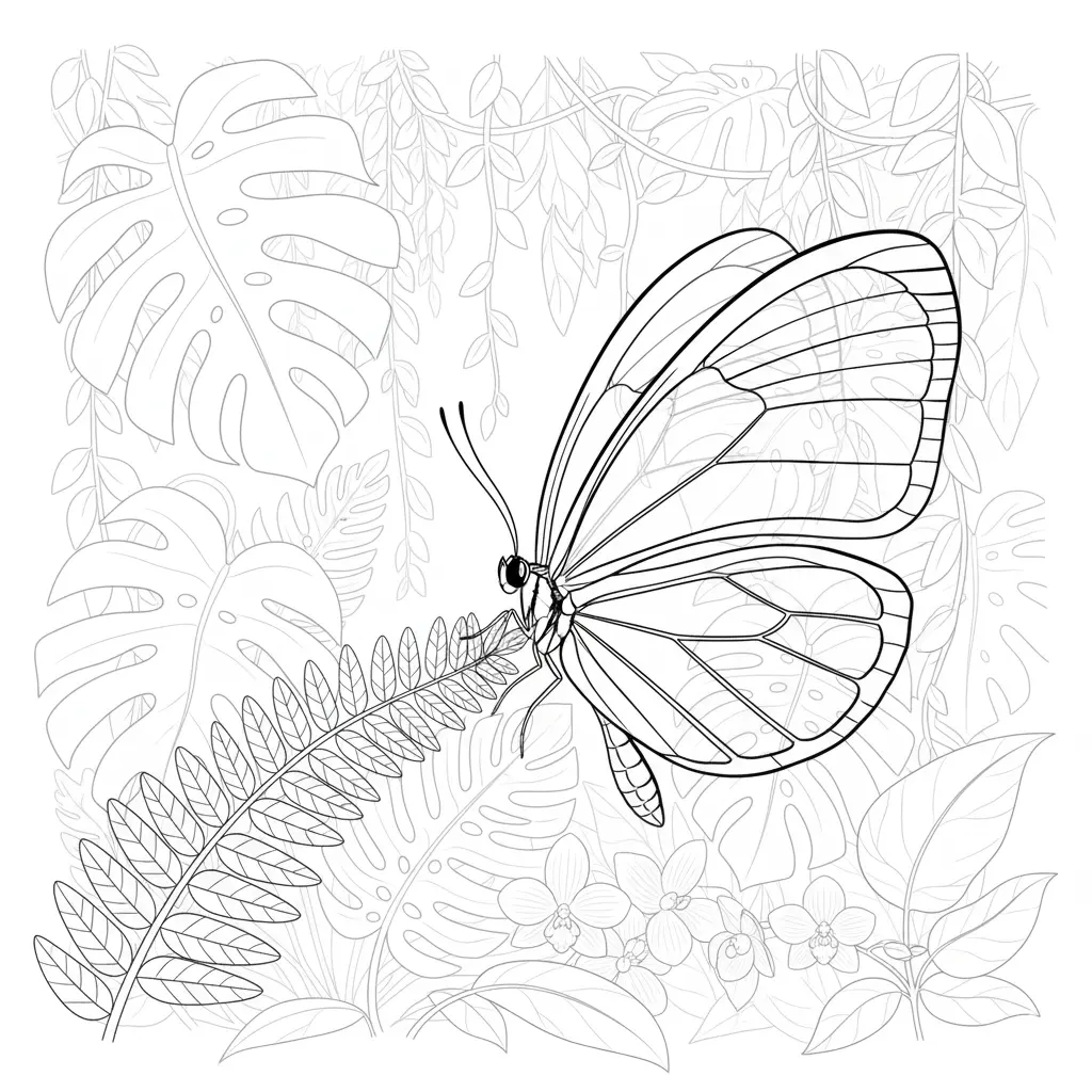 30+ Schmetterling Ausmalbilder (Gratis Malvorlage zum drucken) Ein zarter Glasflügel-Schmetterling mit transparenten Flügeln sitzt auf einer Blume im Sonnenlicht und bietet eine wunderschöne Vorlage zum Ausmalen.