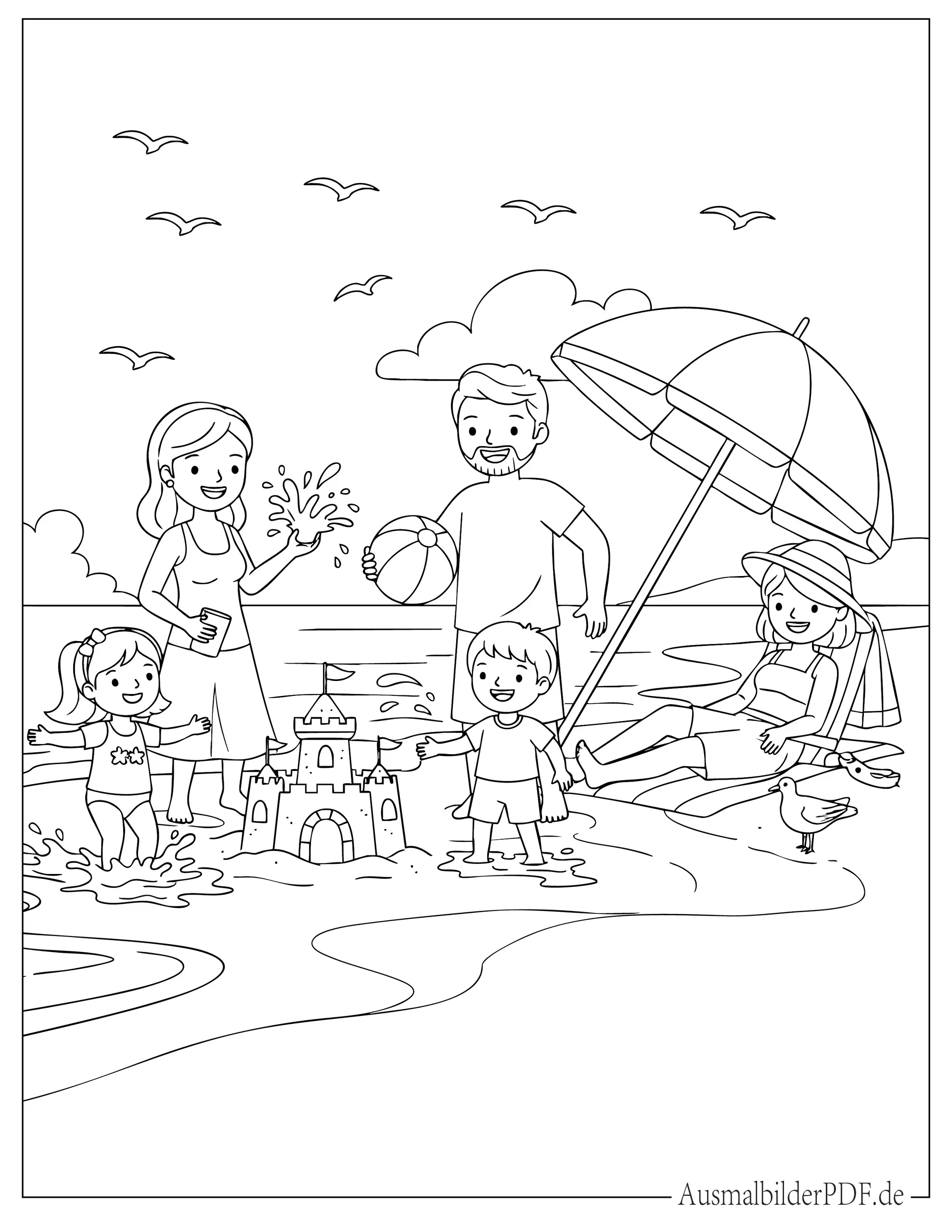 16 Strand Ausmalbilder (Gratis Malvorlagen zum Ausdrucken) Familie genießt am Strand Malbild